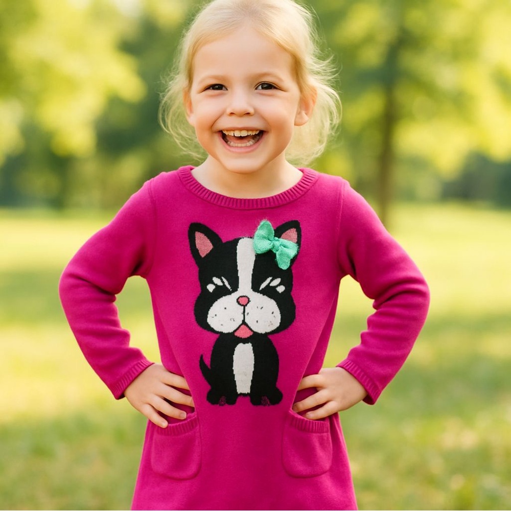 Girls Pink Puppy Sweater Dress - Size 4T - Cute Dog Design